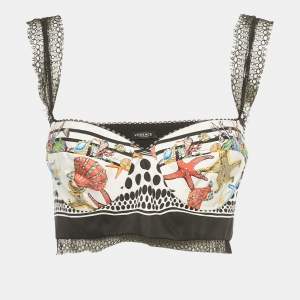 Pre Owned Versace Multicolor Printed Satin Silk Lace Trimmed Crop Top L