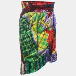 Pre Owned Versace Multicolor Printed Silk Fringed Short Skirt L