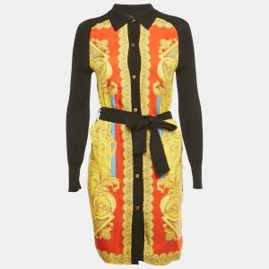 Pre Owned Versace Black/Yellow Barocco Print Silk and Rib Knit Cardigan XS