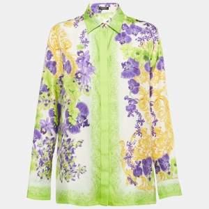 Pre Owned Versace Green Medusa Orchid Print Silk Shirt M