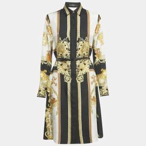 Pre Owned Versace Black/Yellow Barocco Print Silk Belted Shirt Dress S