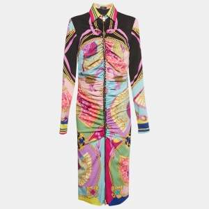 Pre Owned Versace Multicolor Ventagli Print Silk Zip Up Shirt Midi Dress L
