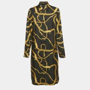 Pre Owned Versace Black Chain Print Silk Shirt Dress L