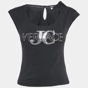 Pre Owned Versace Jeans Couture Black Logo Sequin Jersey Top S