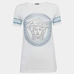 مملوكة مسبقًا Versace White Medusa Embellished Jersey T-Shirt S