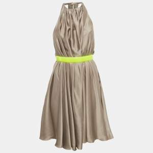 Pre Owned Versace Grey Silk Belted Halter Neck Mini Dress S