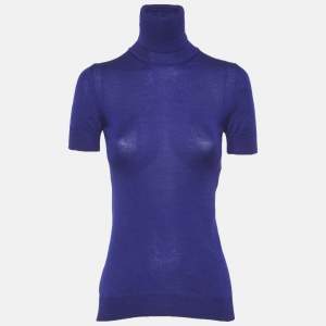 مملوكة مسبقًا توب فيرساتشي تريكو كشمير أزرق برقبة عالية مقاس صغير