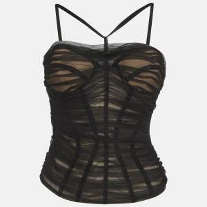 مملوكة مسبقًا Versace Black Tulle Ruched Corset Top S