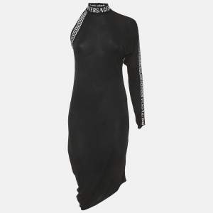 مملوكة مسبقًا Versace Black Logo Band Jersey One Shoulder Midi Dress S