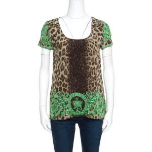 Pre Owned Versace Leopard and Baroque Printed Silk Shoulder Rivet Detail Top S
