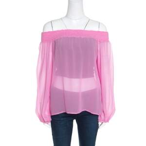 Pre Owned Versace Collection Pink Sheer Silk Smocked Off Shoulder Long Sleeve Blouse L