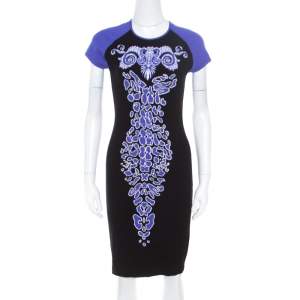 Pre Owned Versace Collection Black and Purple Jacquard Knit Fitted Cap Sleeve Dress M
