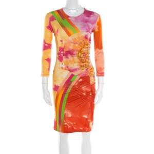 Versace Multicolor Baroque Printed Jersey Ruched Dress S