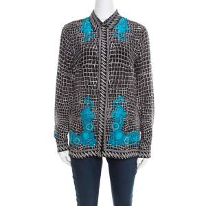 Pre Owned Versace Black and Blue Abstract Medusa Print Silk Blouse M