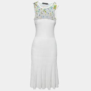 Pre Owned Versace White Stretch Crepe Floral Printed Sheer Yoke Sleeveless Dress S