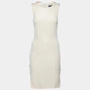 Pre Owned Versace Cream Knit Rose Gold Medusa Button Detail Sleeveless Fitted Dress M