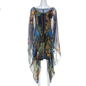 Versace Multicolor Palm Springs Print Sheer Silk Kaftan Top L