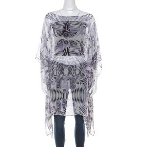 Pre Owned Versace White and Purple Fish Print Sheer Silk Kaftan Tunic Top M