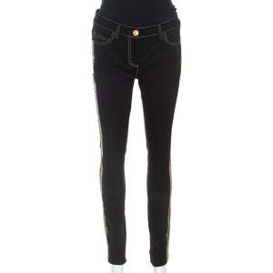 Versace Black Denim Greek Key Eyelet Trim Slim Fit Jeans S