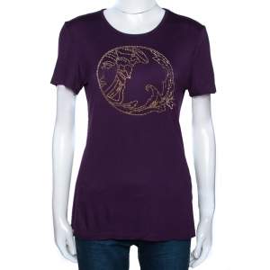 Pre Owned Versace Collection Aubergine Purple Jersey Studded Medusa T-Shirt M