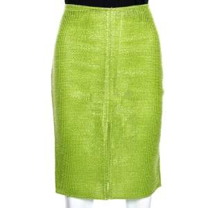Pre Owned Versace Metallic Green Interwoven Cotton Blend Pencil Skirt M