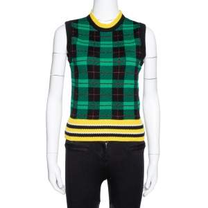 Versace Green Wool Tartan Pattern Sleeveless Sweater Vest S