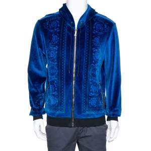 Versace Blue Jacquard Velvet Leather Trim Zip Front Hoodie S