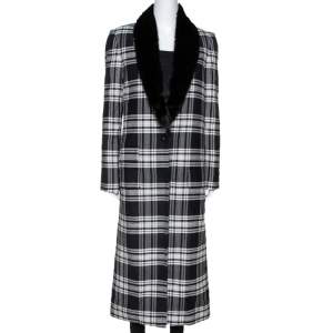 Versace Black Plaid Wool & Silk Mink Fur Trim Long Coat S