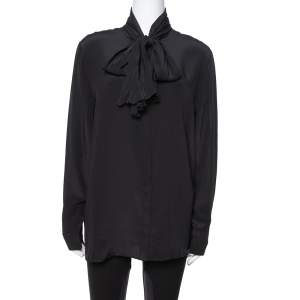 Versace Black Silk Tie Neck Detail Button Front Blouse L