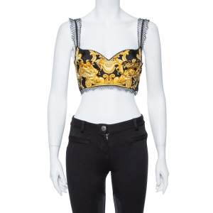 Versace Black Baroque Print Silk Bralette Top S