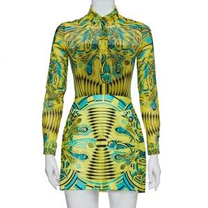 Pre Owned Versace Yellow Printed Silk Shirt & Cotton Mini Skirt Set S
