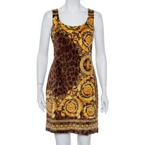 Versace Brown Animal and Baroque Print Velvet Sleeveless Sheath Dress M