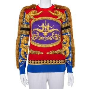 Versace Red & Blue Printed Cotton Fringed Detail Sweater XS