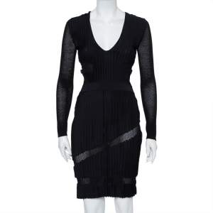 Versace Black Perforated Knit Plunge Neck Sheath Dress S