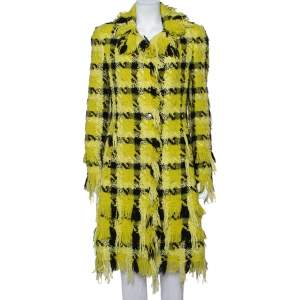 Versace Yellow Checkered Tweed Fringed Detail Collared Coat M