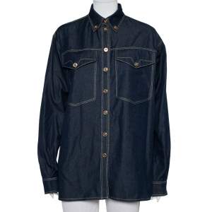 مملوكة مسبقًا Versace Tribute Indigo Denim Gold Button Embellished Shirt M