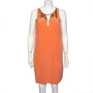 Versace Peach Pink Silk Embellished Neck Detail Sleeveless Shift Dress L