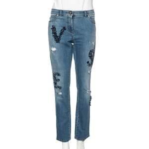 Versace Stone Washed Blue Cotton Logo Embroidered Jeans L 