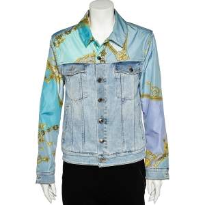 Pre Owned Versace Collection Blue Denim & Printed Synthetic Paneled Jacket M