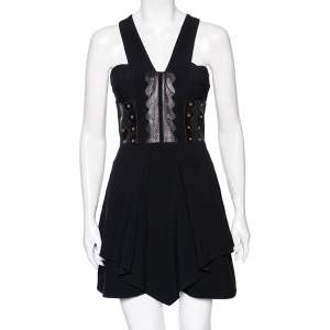 Versace Black Crepe Eyelet Leather Trim Detailed Sleeveless Short Dress S