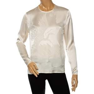 Pre Owned Versace Cream Floral Textured Silk Long Sleeve Blouse S