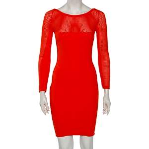 Versace Orange Textured Knit & Mesh Detailed Sheath Dress S