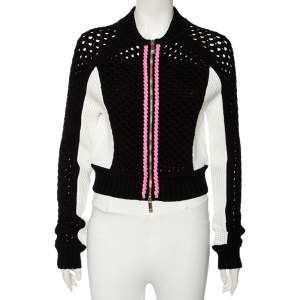 Versace Monochrome Open Knit Contrast Trim Zip Front Sweater M