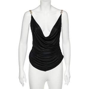 Pre Owned Versace Black Jersey Gold Logo Chain Strap Detail Top M