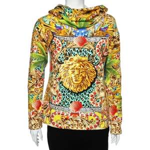 Versus Versace Multicolor Lion Parker Printed Cotton Fleece Hooded Sweatshirt L