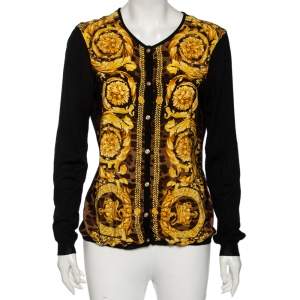 Versace Wool Knit & Baroque Printed Silk Paneled Button Front Cardigan L