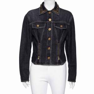 Pre Owned Versace Charcoal Grey Denim Rockstud Detail Button Front Jacket M
