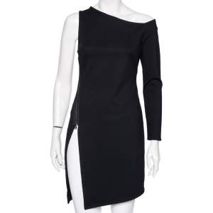 Versace Black Stretch Knit Slit Detail Asymmetric One-Sleeve Dress M 