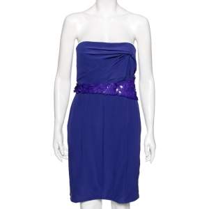 فستان فيرساتشي ميني بلا حمالات تفاصيل زخرفة كريب أزرق مقاس متوسط