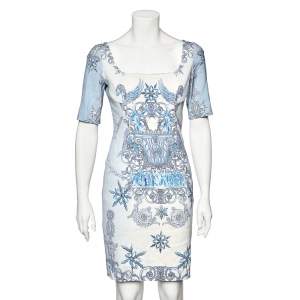 Pre Owned Versace Blue Baroque Printed Crepe Sheath Dress M